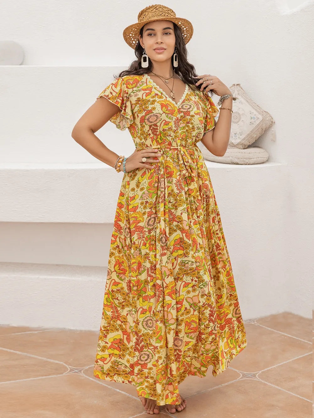 Boho Western Gold Retro Floral Print V-Neck, Tie Waist Plus Size Maxi Dress 0XL-3XL