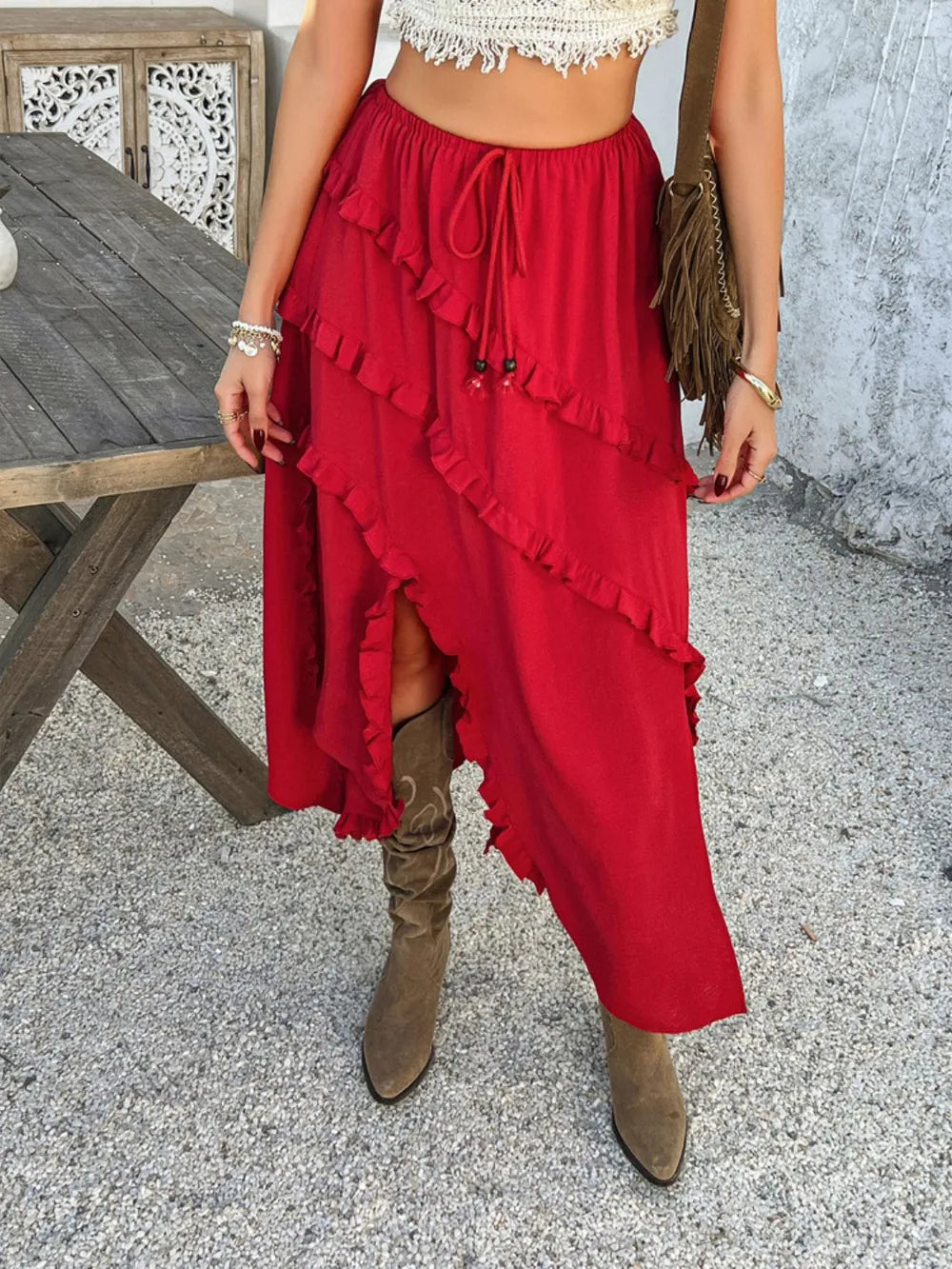 Boho Western Devine Slit Drawstring Ruffled Skirt | S-XL | White, Blue, Red, Black