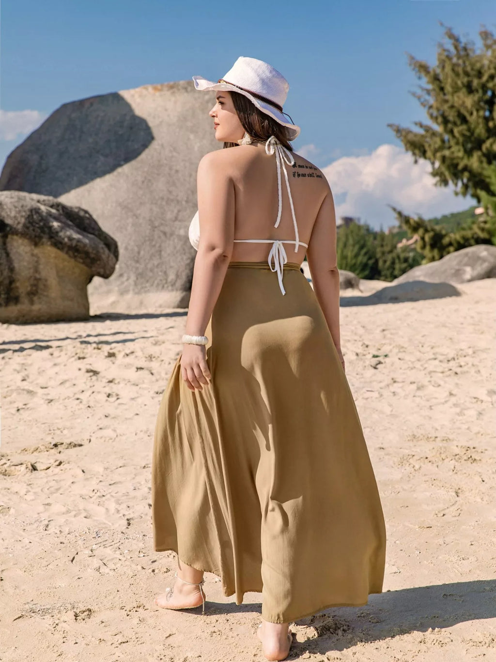Boho Western Camel Khaki Tie-Detail High-Low Plus Size Skirt 0XL-3XL