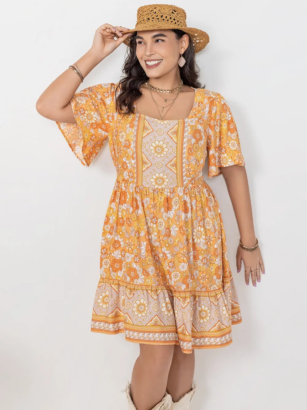 Boho Western Orange Yellow Floral Square-Neck Short Sleeve Plus Size Dress 0XL-4XL