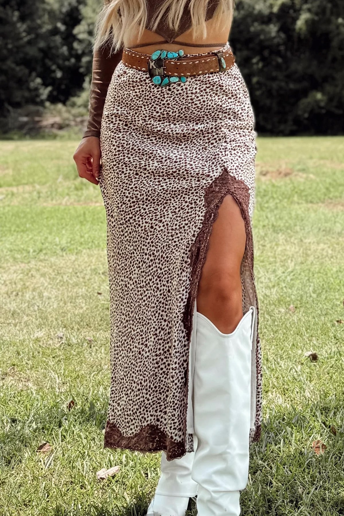 S-XL Multicolor Cheetah Print Lace Trim Split Long Western Skirt