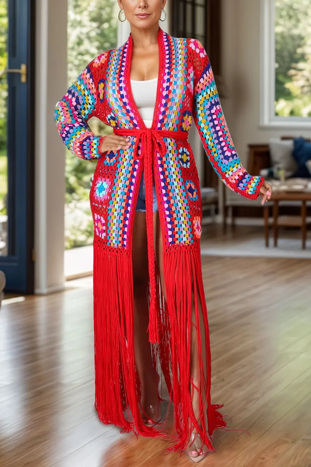 Boho Western Retro Granny Square Fringe Tied Long Sleeve Cardigan | M-3XL Plus Size | 5 Colors