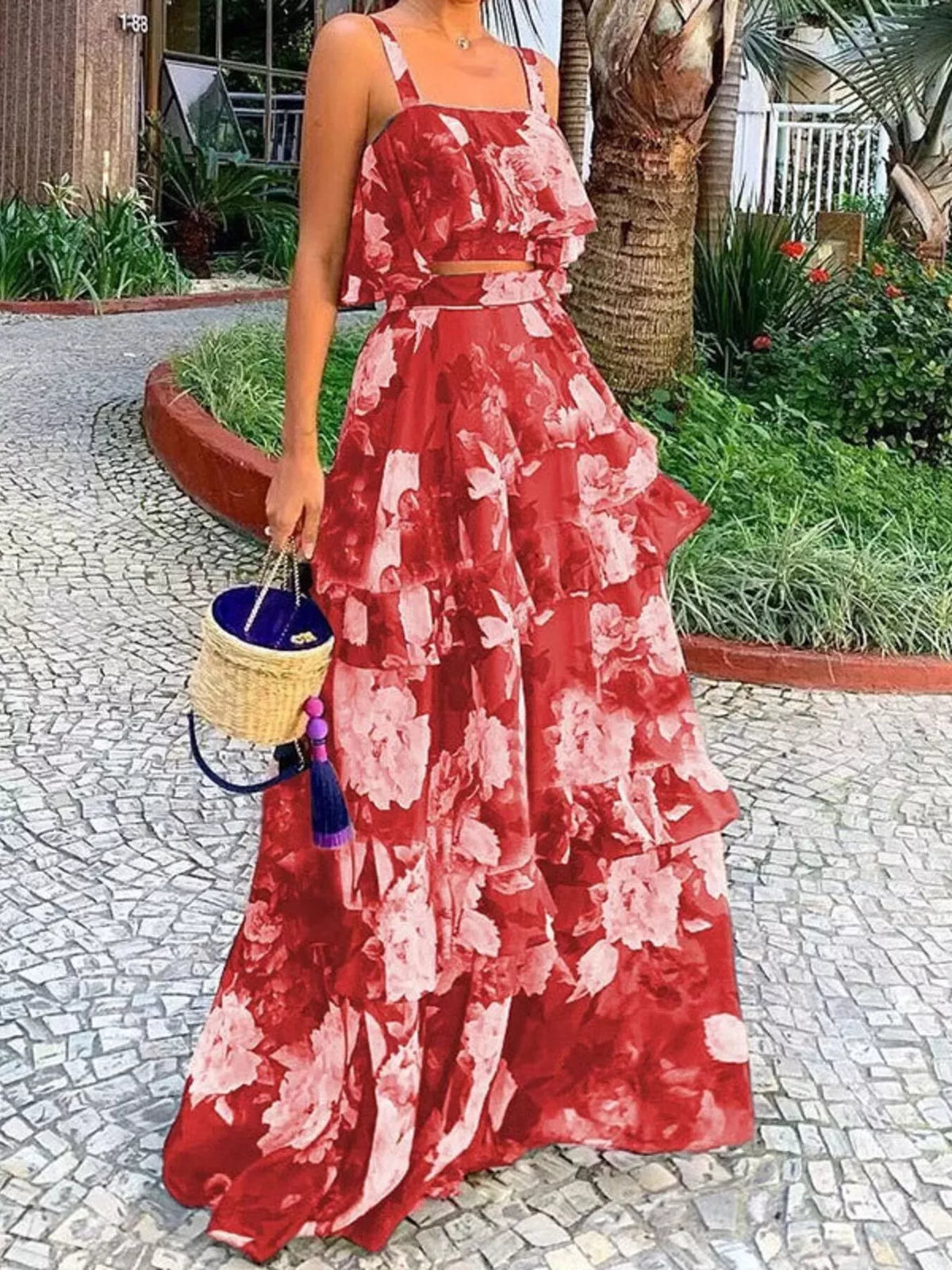 Boho Western Floral Print Ruffle Cami and Skirt Two-Piece Set S-2XL Plus | 4 Colors