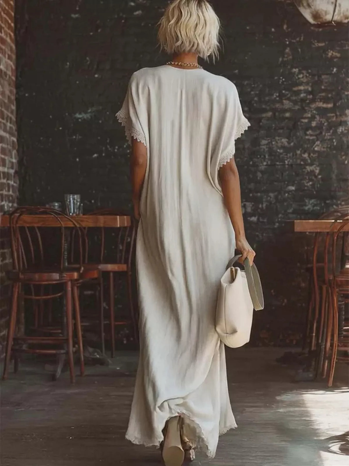 Boho Casual Lace Trim V-Neck Maxi Dress in 5 Colors | S-3XL Plus