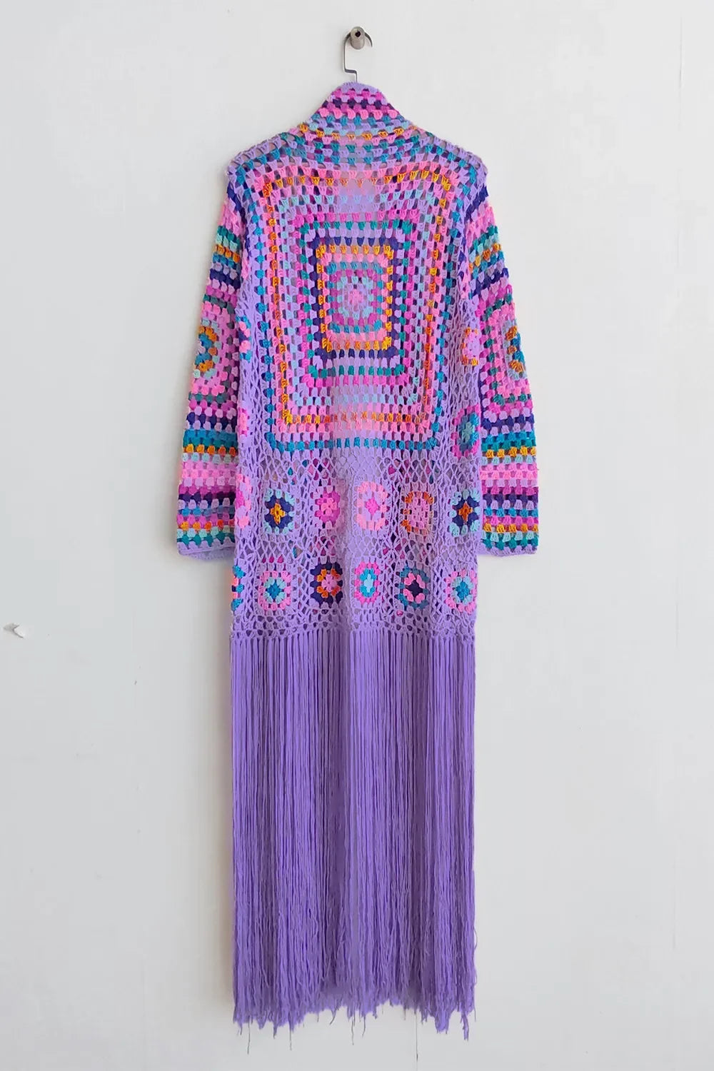 Boho Western Retro Granny Square Fringe Tied Long Sleeve Cardigan | M-3XL Plus Size | 5 Colors