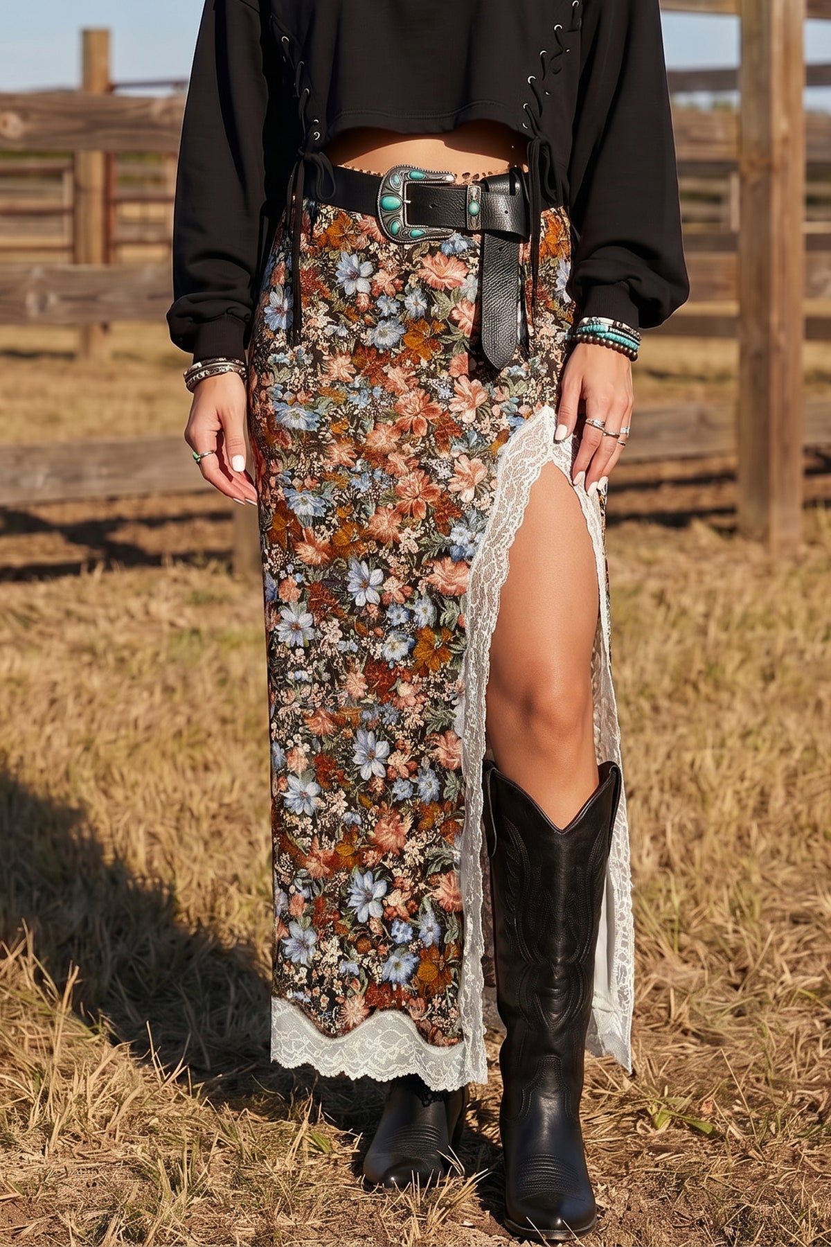S-XL Multicolor Cheetah Print Lace Trim Split Long Western Skirt