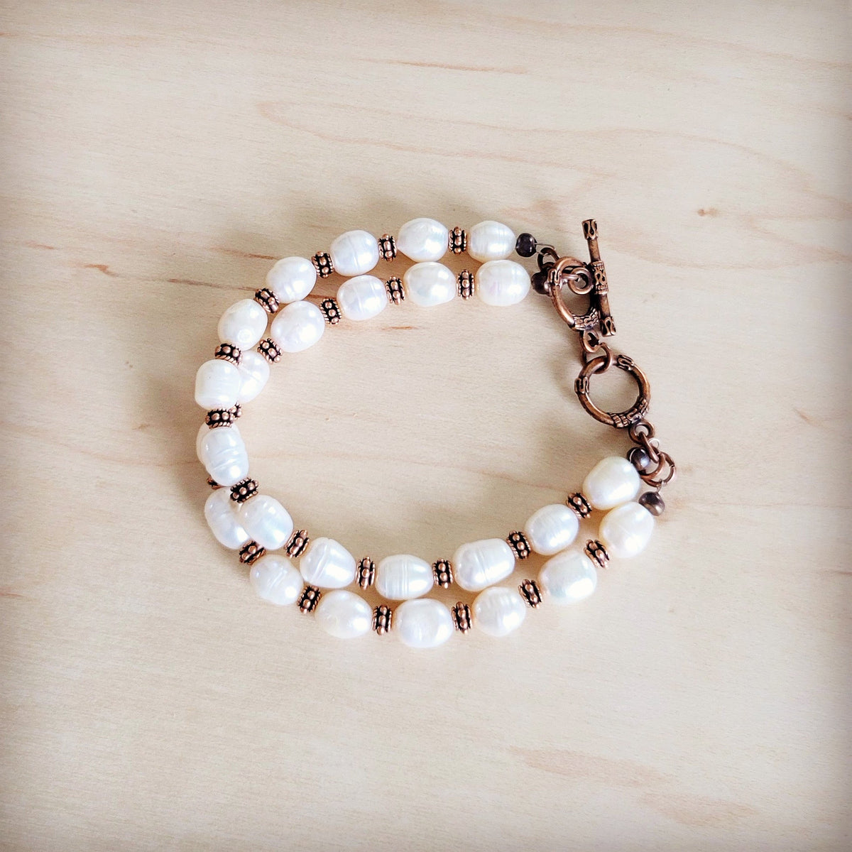 **Freshwater Pearl & Copper Boho Beaded Double Strand Bracelet 811y