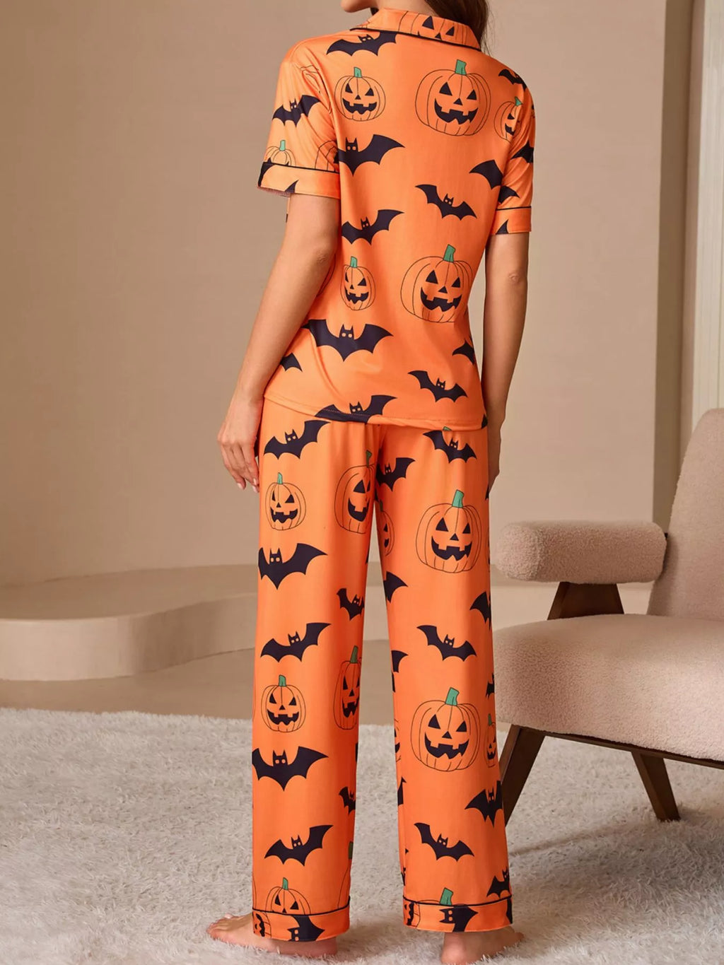 Halloween Pumpkin & Bat Print Top and Pants Lounge Pajama Set | S–XL | Navy, Orange, Black or Purple