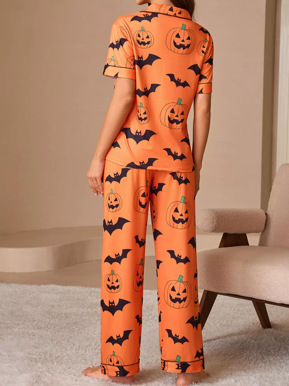 Halloween Pumpkin & Bat Print Top and Pants Lounge Pajama Set | S–XL | Navy, Orange, Black or Purple