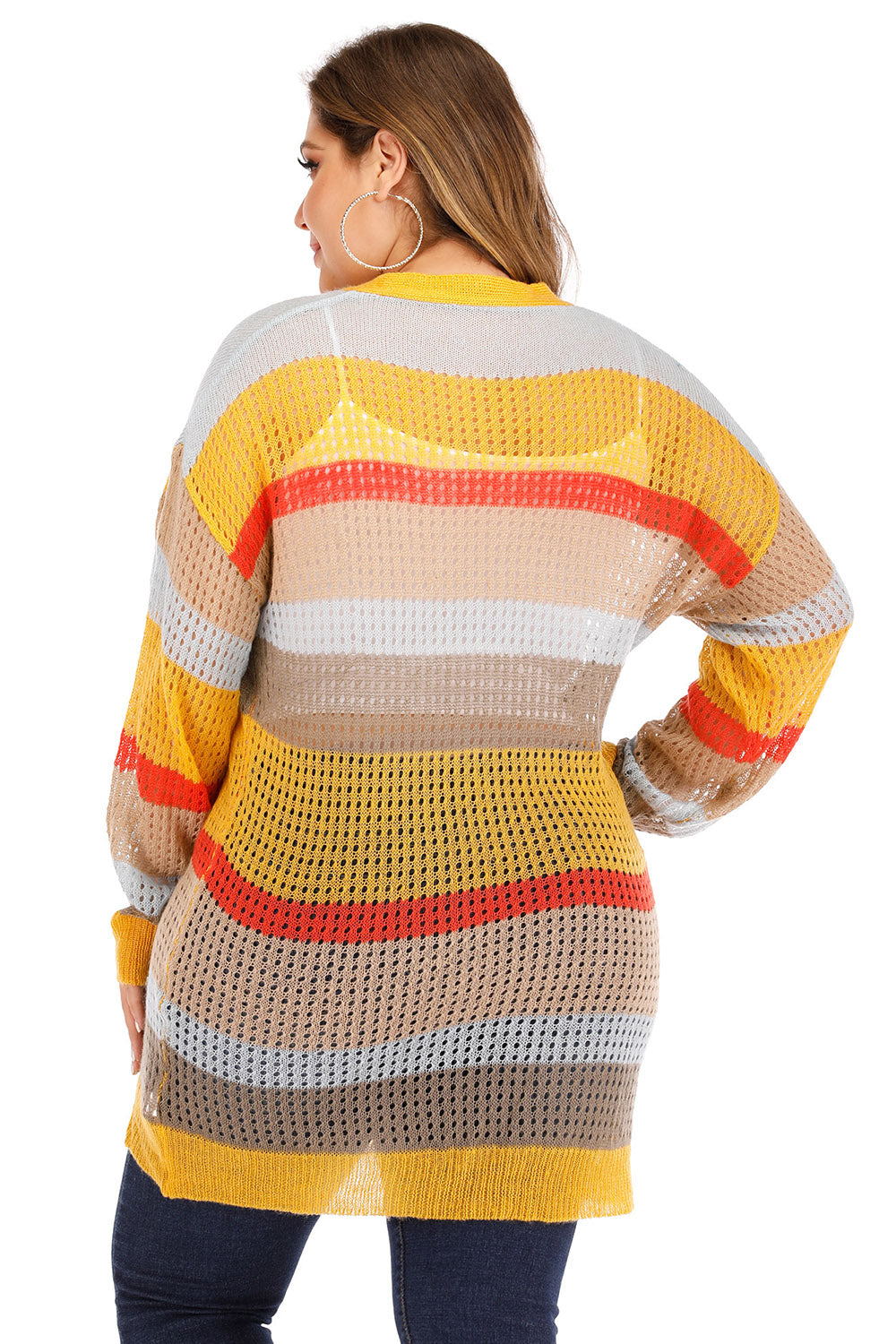 Boho Yellow Stripe Openwork Color Block Button Up Crochet Cardigan 1XL-3XL
