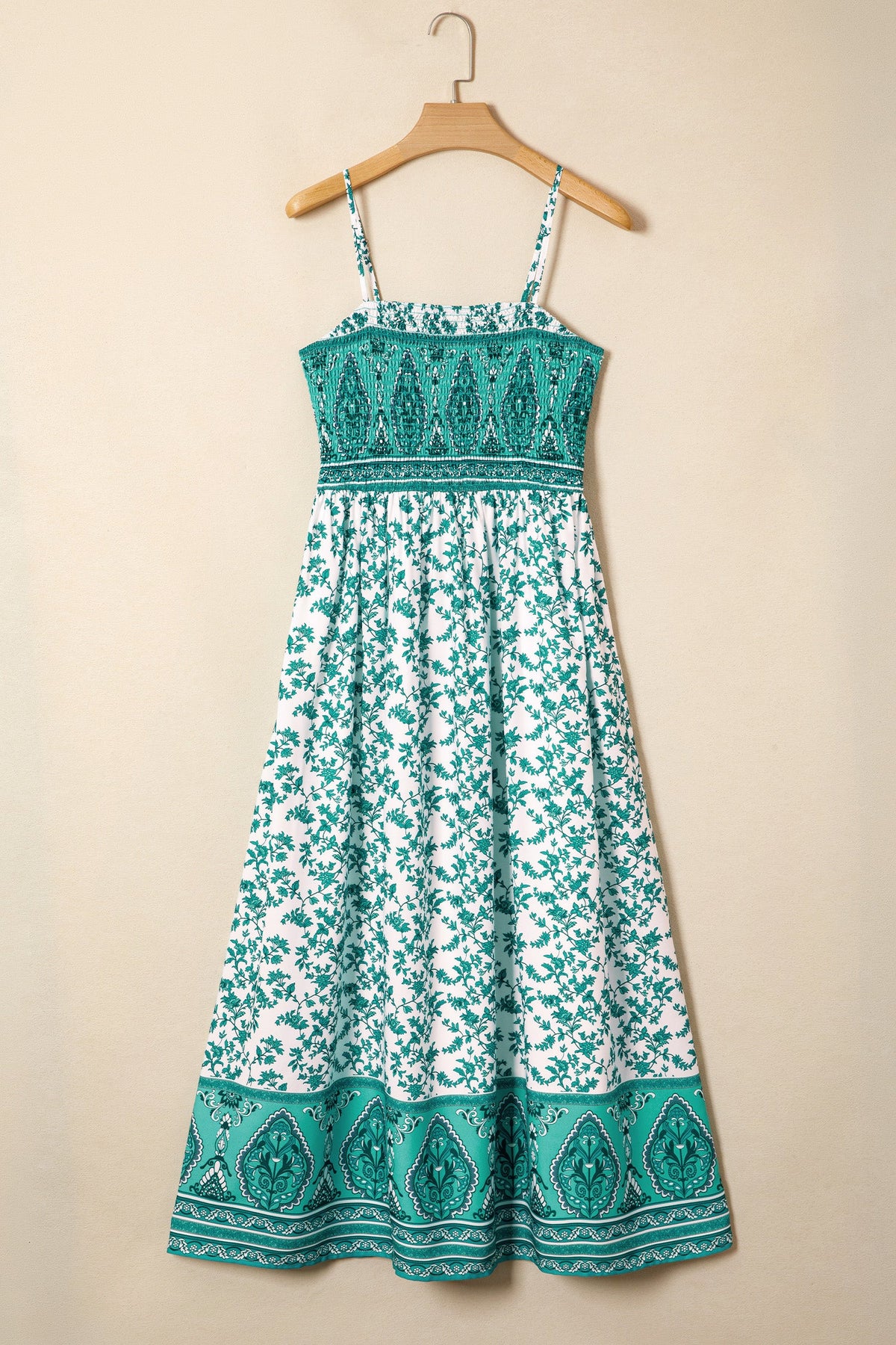 Green Boho Floral Print Shirred Cami Maxi Dress