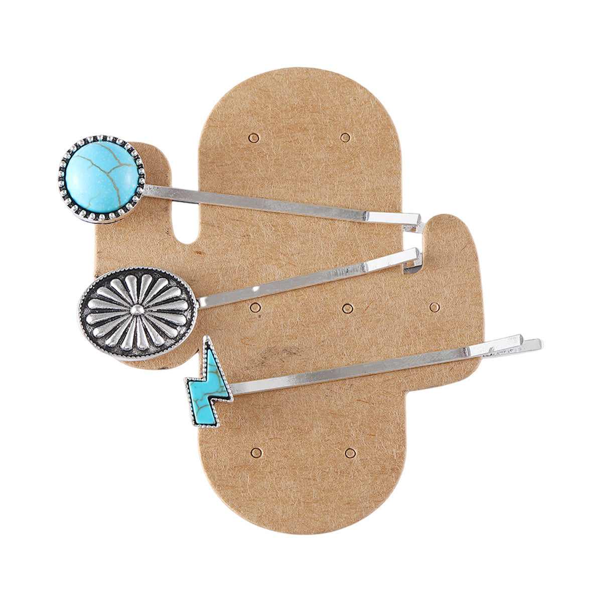 Boho Western Style Turquoise-Encrusted Silver Bobby Pin Hair Clip Set Ivory in 4 Styles
