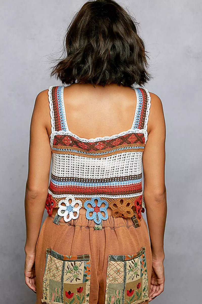 Cutout Flower Cropped Crochet Cami with with Dangle Detail