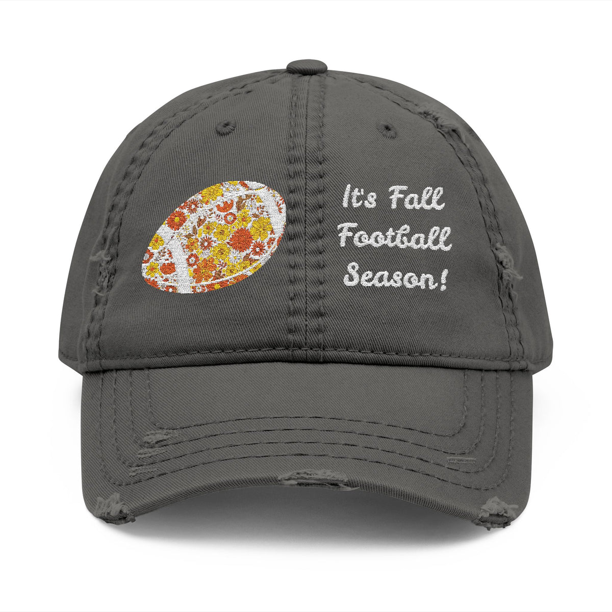 Embroidery Floral "It's Fall Football Season" Distressed Hat Cap Grey Black Khaki Navy Fall