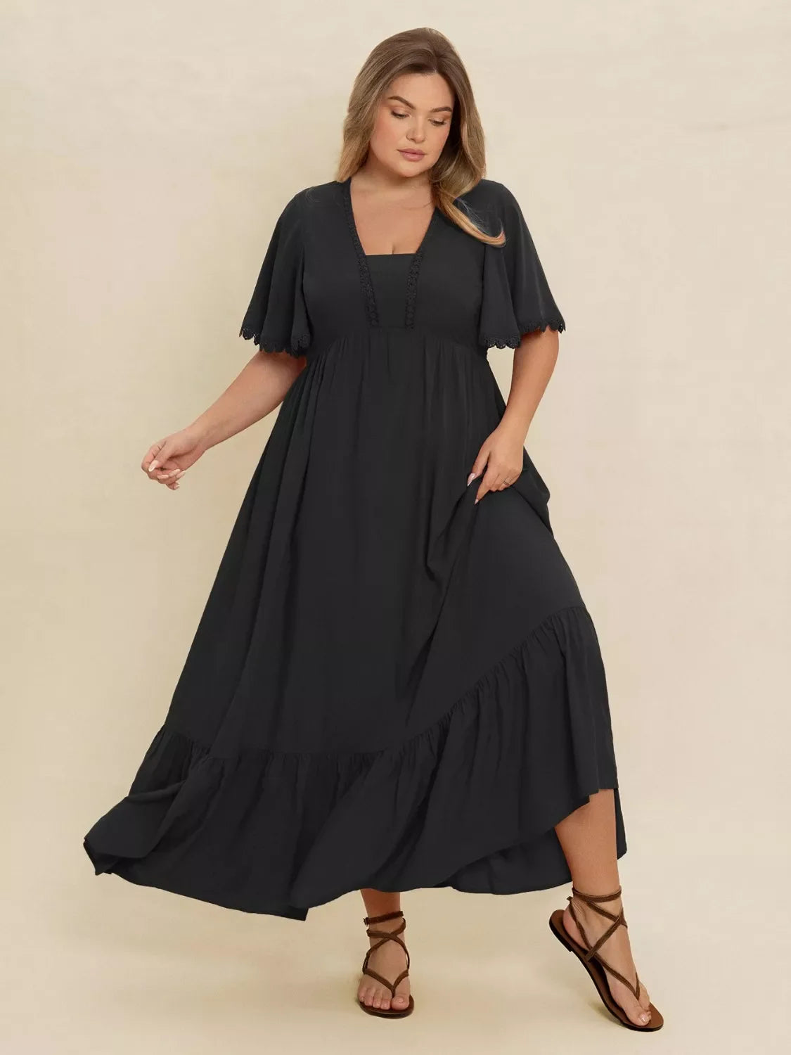 Boho Western Black Ruffled Maxi Dress with Flutter Sleeves | 0XL–4XL