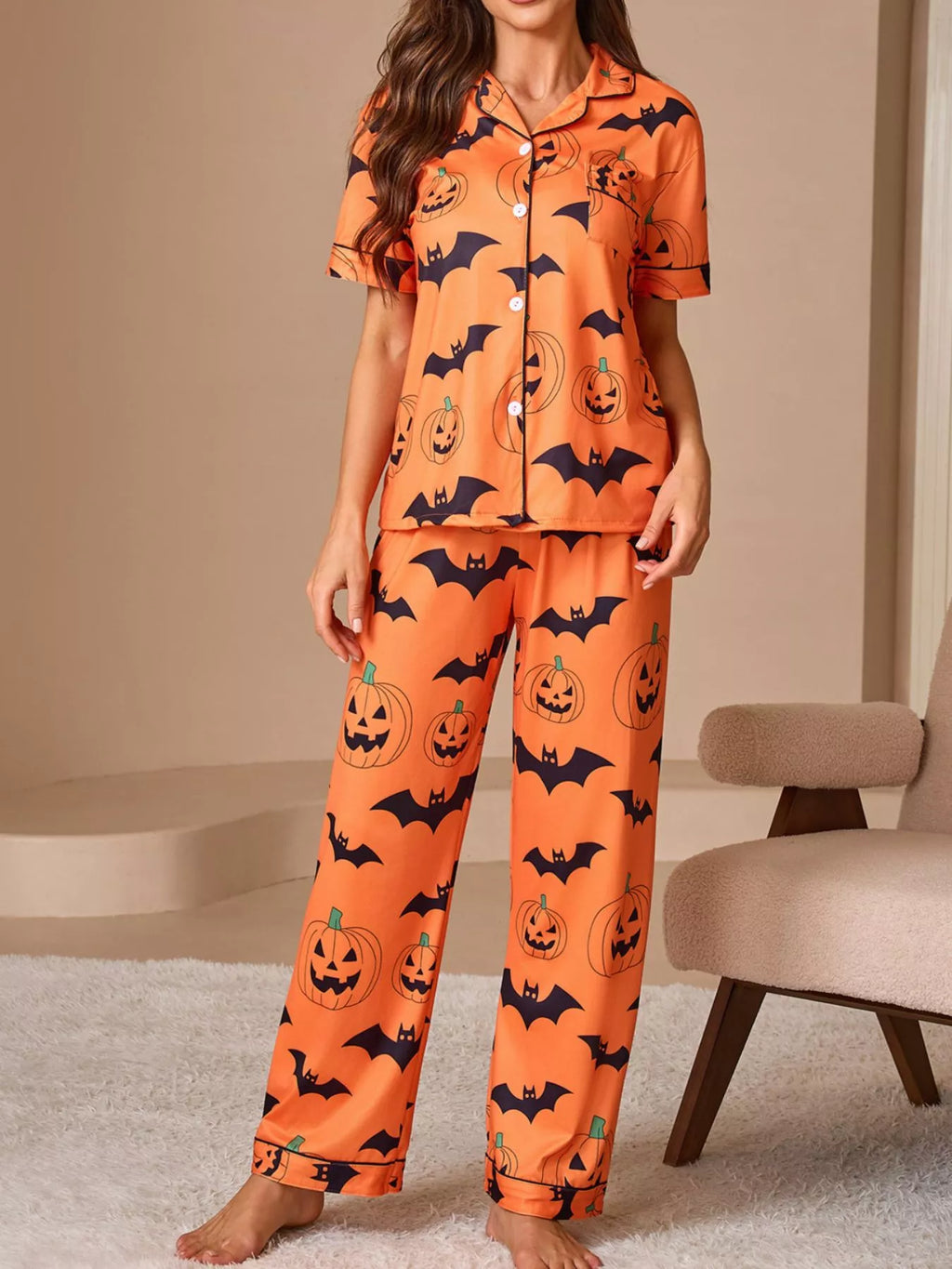 Halloween Pumpkin & Bat Print Top and Pants Lounge Pajama Set | S–XL | Navy, Orange, Black or Purple