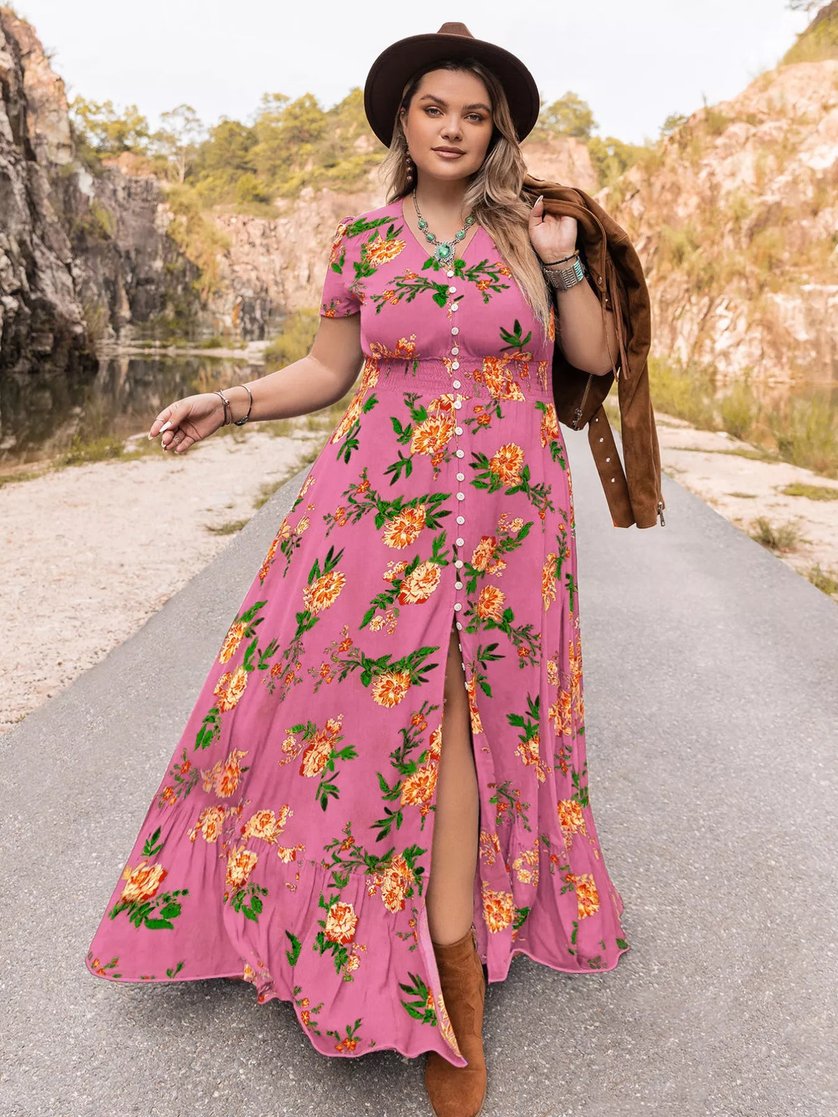 Boho Western Pink Yellow Floral V-Neck Short Sleeve Maxi Dress 0XL-4XL Plus Size