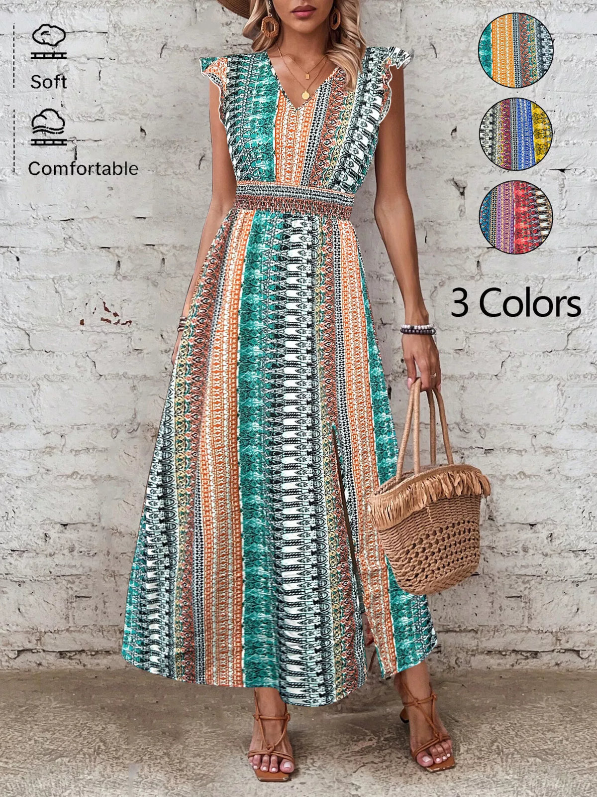 Boho Western Multicolor Stripe Print Ruffle Cap Sleeve Slit Dress in 3 Colors | S-XL