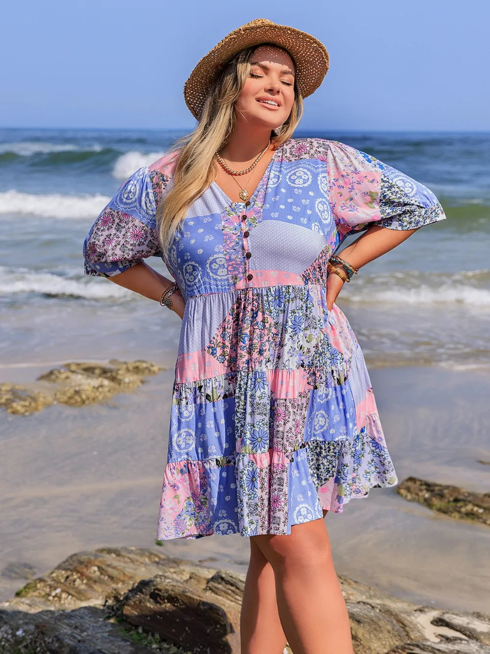 Boho Western Blue Pink Floral Print V-Neck Tiered Plus Size Mini Dress 0XL-4XL