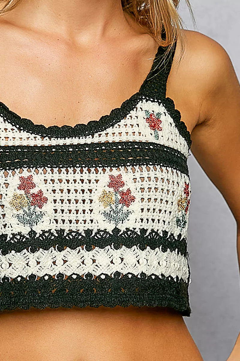 Floral Embroidered Cropped Crochet Cami with Scalloped Hem