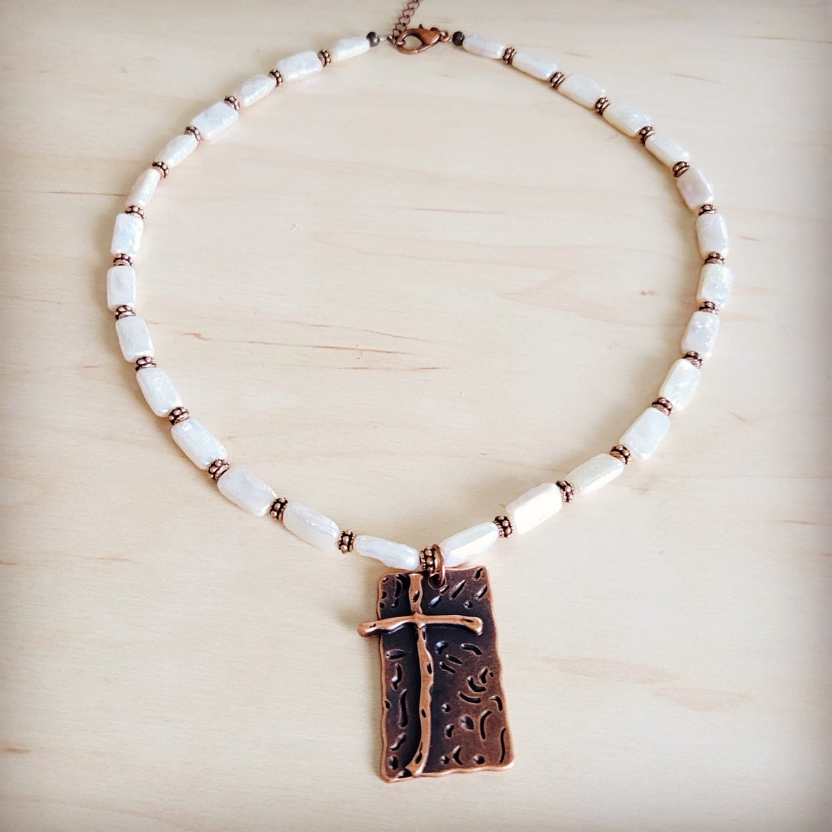 **Rectangle Freshwater Pearl & Copper Necklace w/ Antique Cross Pendant 264a