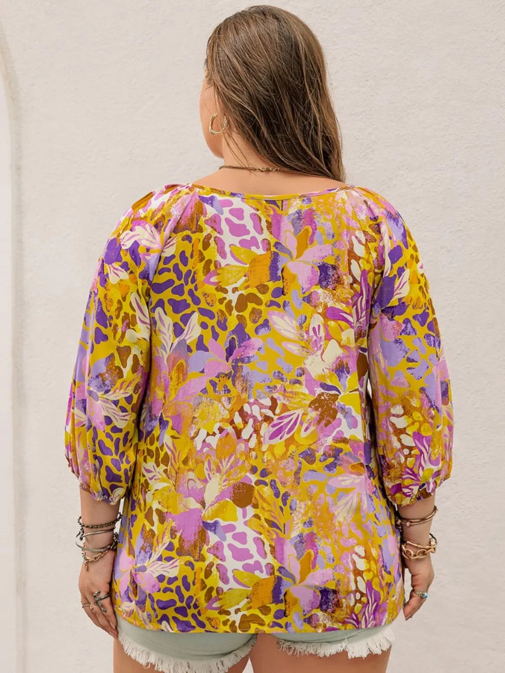 Boho Yellow Purple Floral Cheetah Print Tie Neck Blouse | 0XL-4XL Plus Size