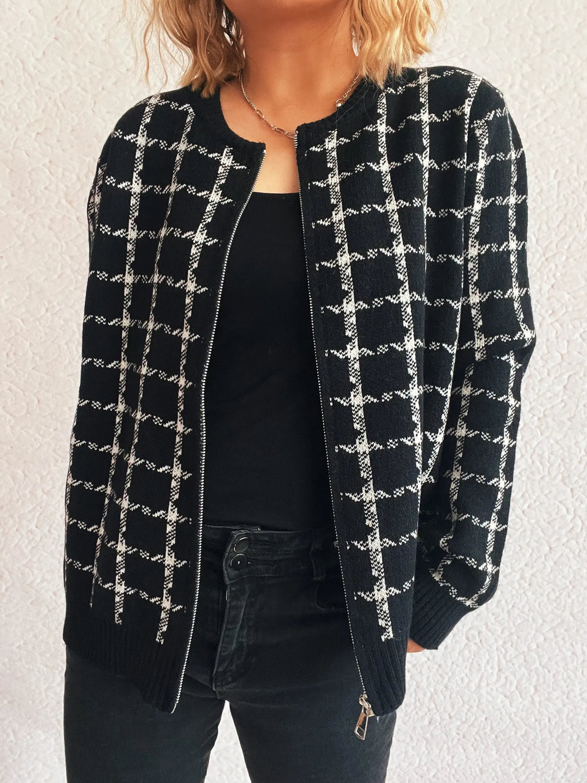 Plaid Pattern Zip Up Cardigan