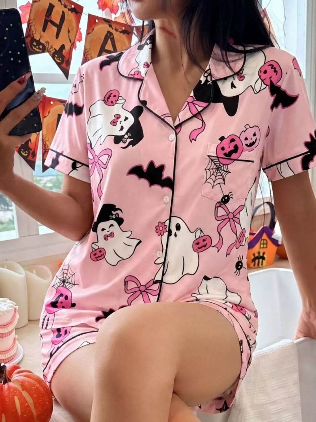 Halloween Ghost Print Button-Down Top and Shorts Lounge Pajama Set | S-XL | 3 Colors