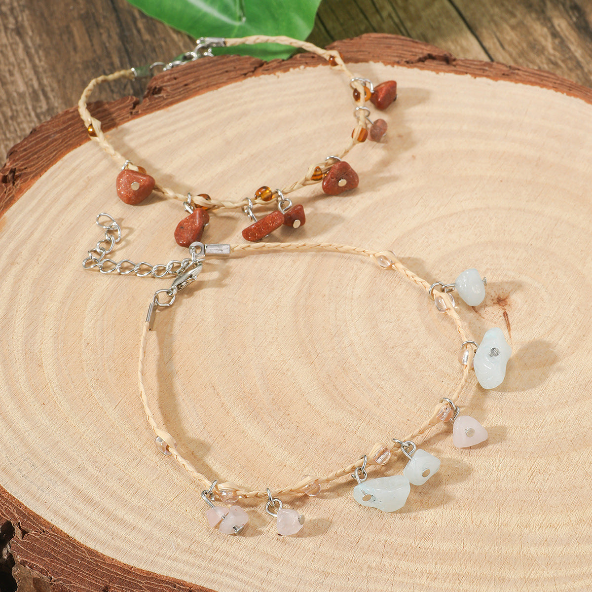 Boho Style Pebble Double Strand Anklet Set in 5 Colors