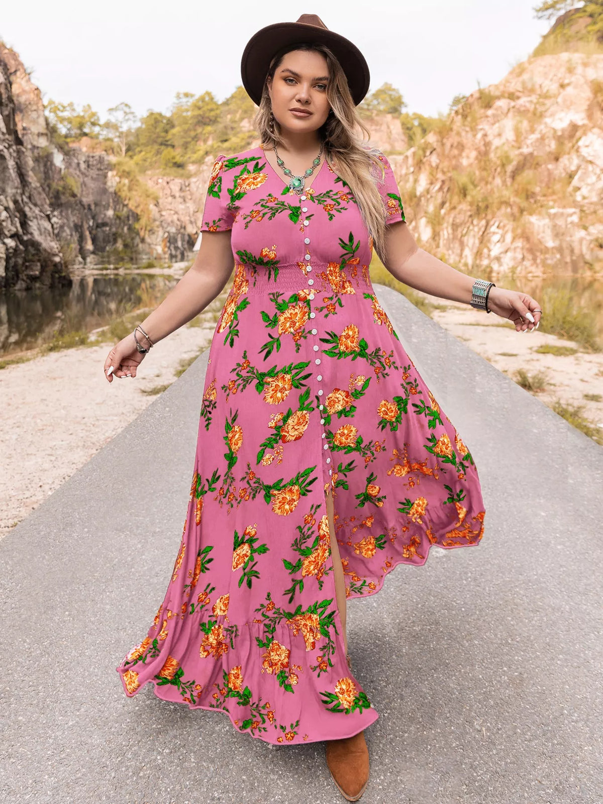 Boho Western Pink Yellow Floral V-Neck Short Sleeve Maxi Dress 0XL-4XL Plus Size
