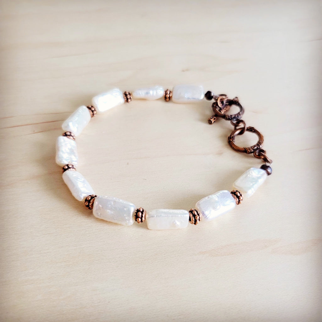 Genuine Rectangle Freshwater Pearl & Copper Bracelet 812c