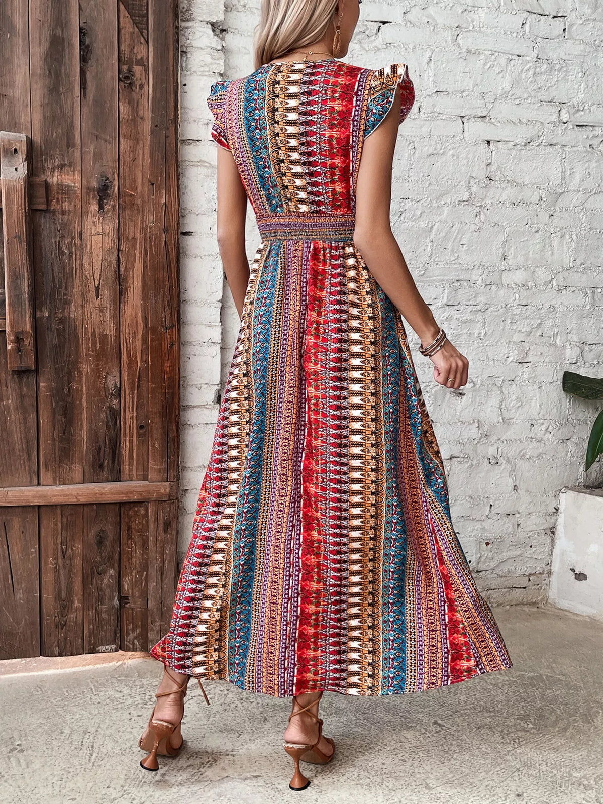 Boho Western Multicolor Stripe Print Ruffle Cap Sleeve Slit Dress in 3 Colors | S-XL