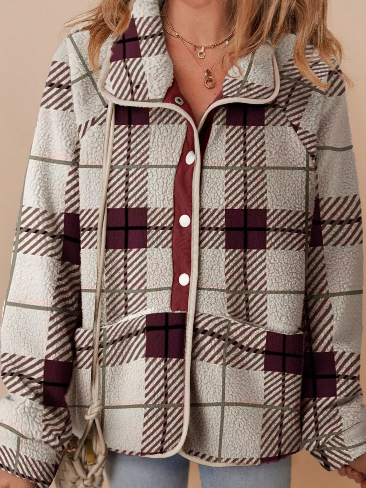 Plaid Buttoned Stand Collar Fleece Jacket