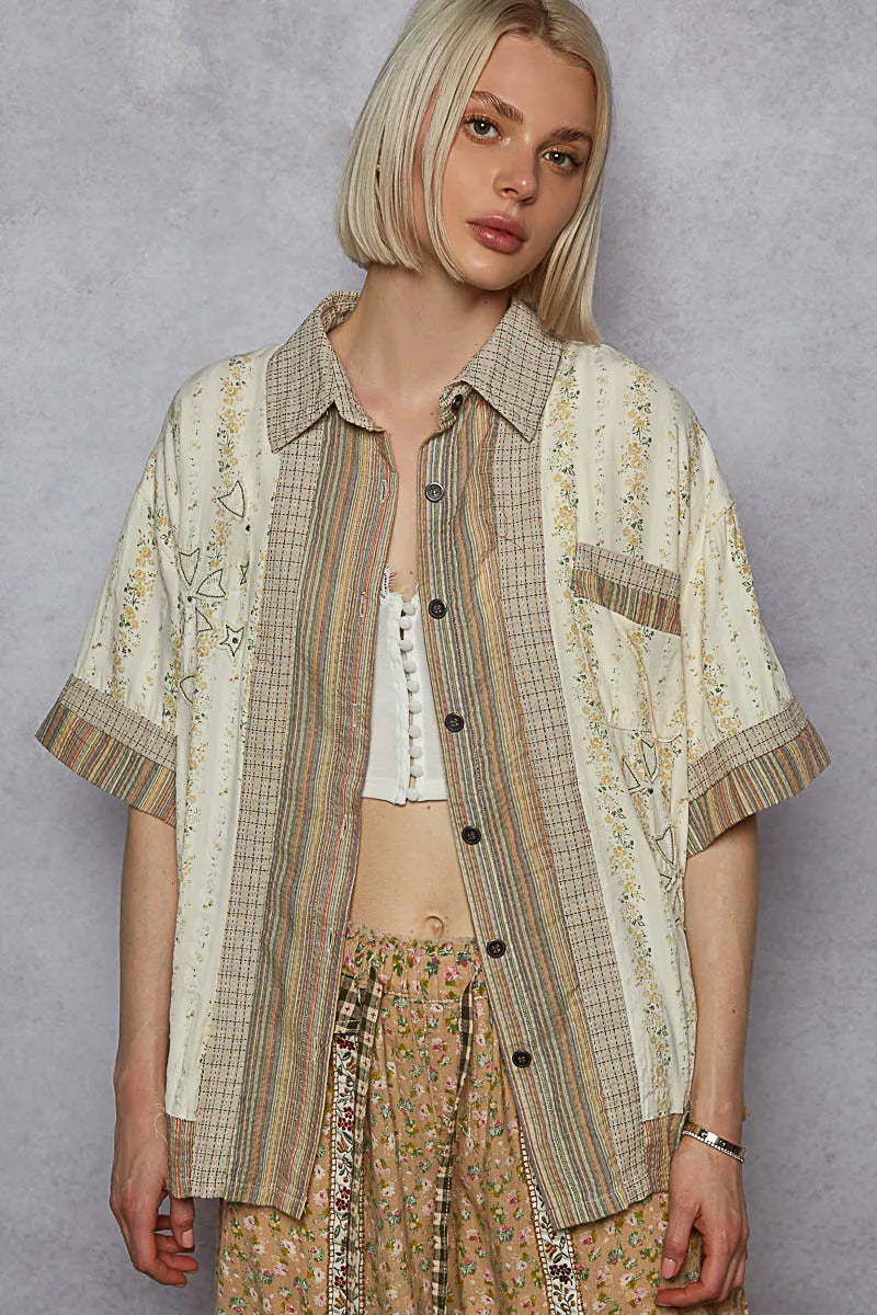 Printed Button Down Patchwork Short Sleeve Shirt