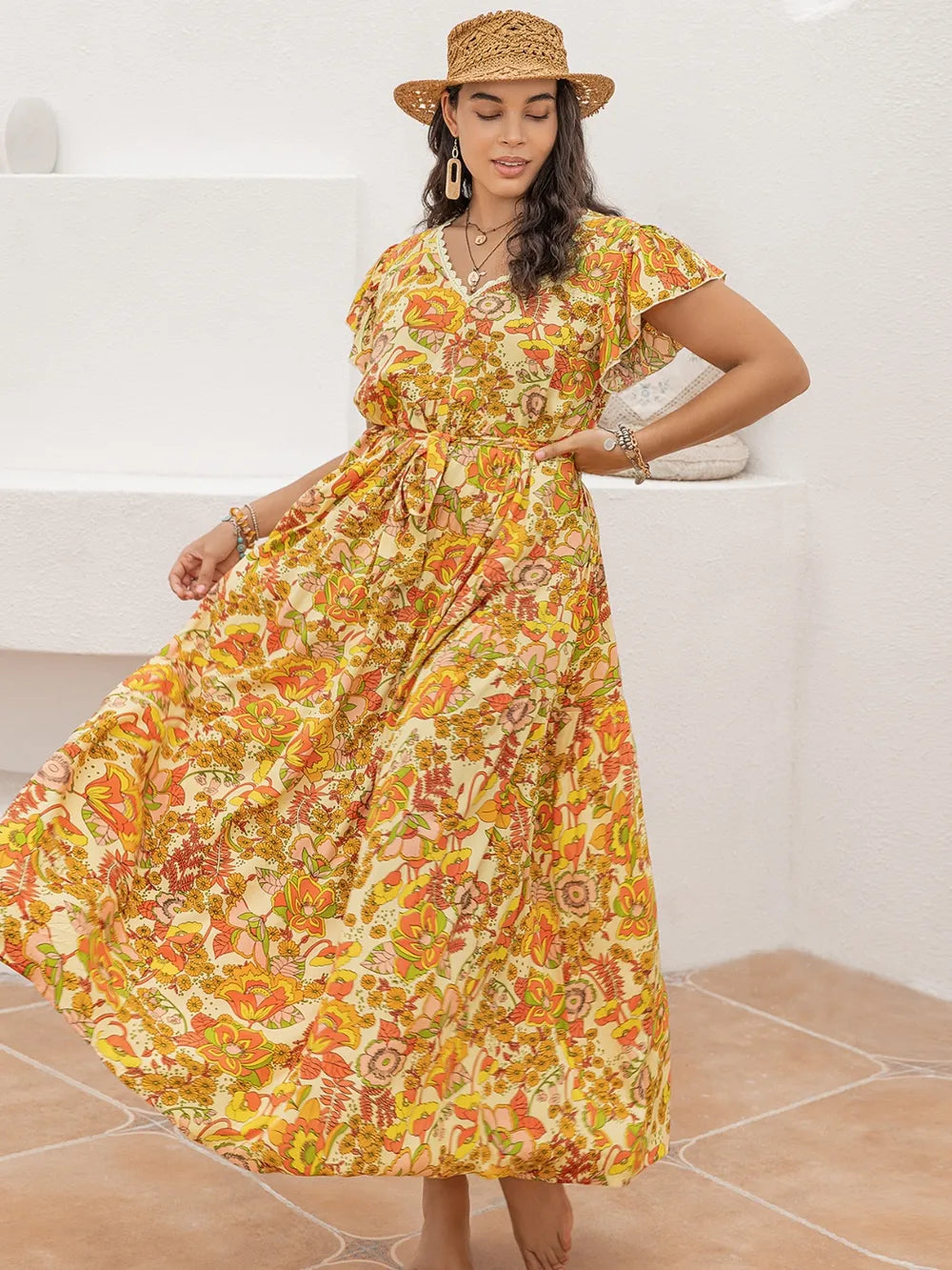 Boho Western Gold Retro Floral Print V-Neck, Tie Waist Plus Size Maxi Dress 0XL-3XL