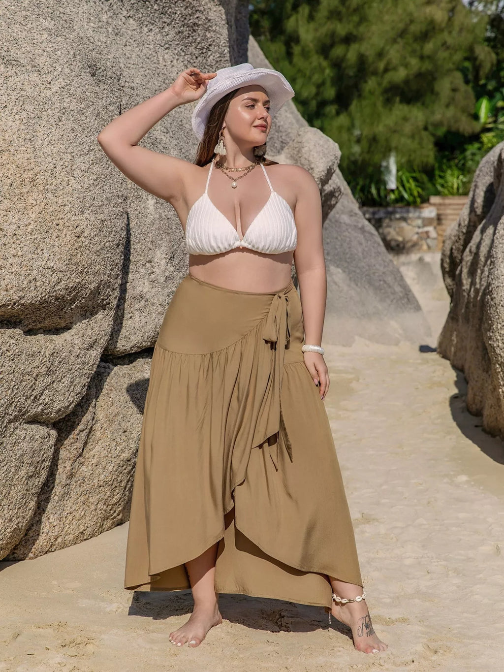 Boho Western Camel Khaki Tie-Detail High-Low Plus Size Skirt 0XL-3XL