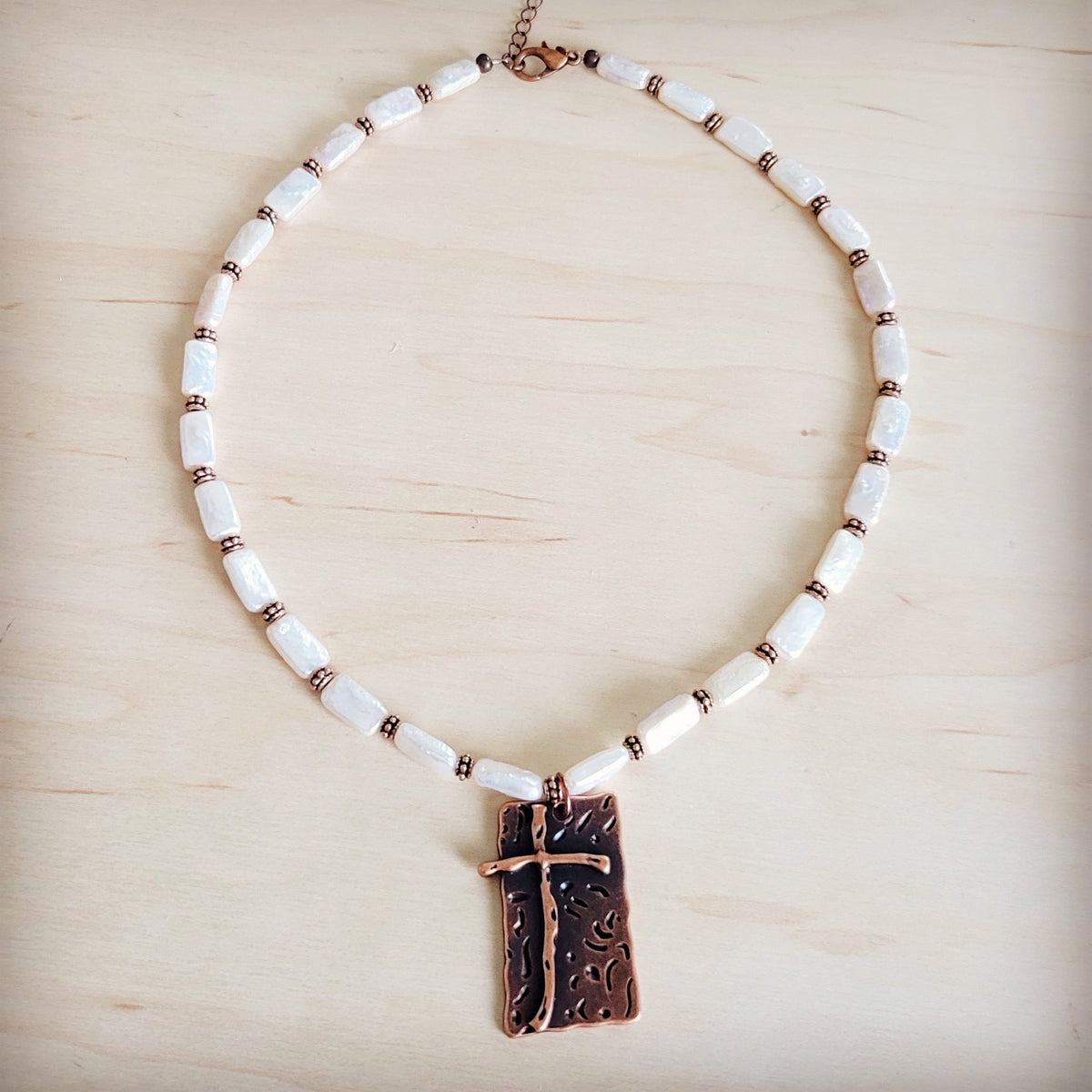 **Rectangle Freshwater Pearl & Copper Necklace w/ Antique Cross Pendant 264a