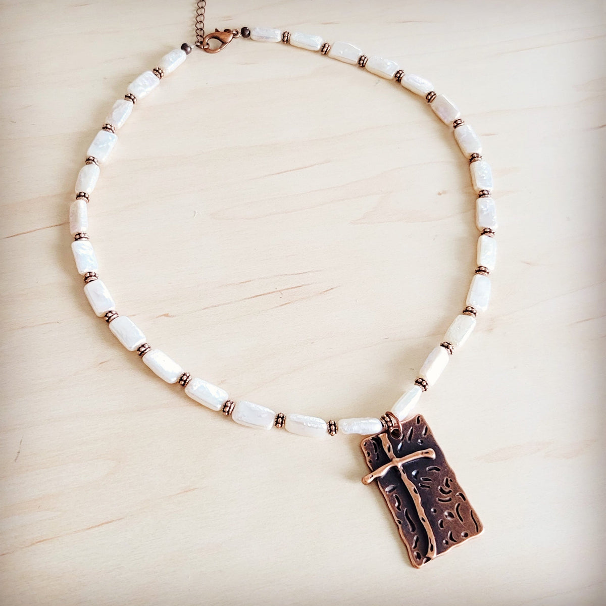 **Rectangle Freshwater Pearl & Copper Necklace w/ Antique Cross Pendant 264a
