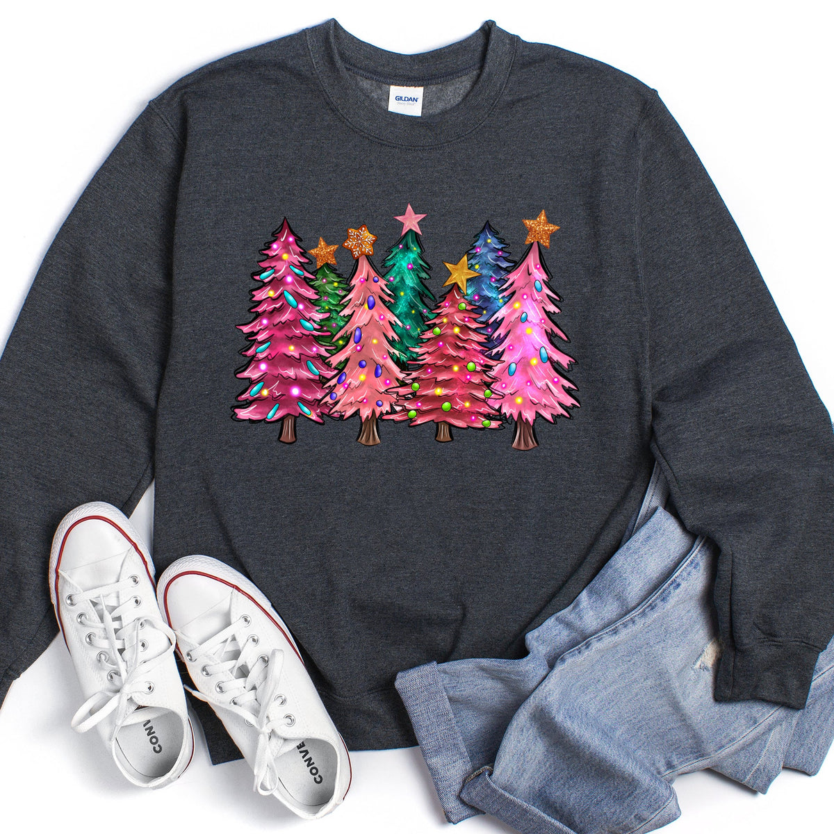Bright Christmas Trees with Ornaments & Pinecones Festive Holiday Graphic Sweatshirt in 12 Colors S-2XL