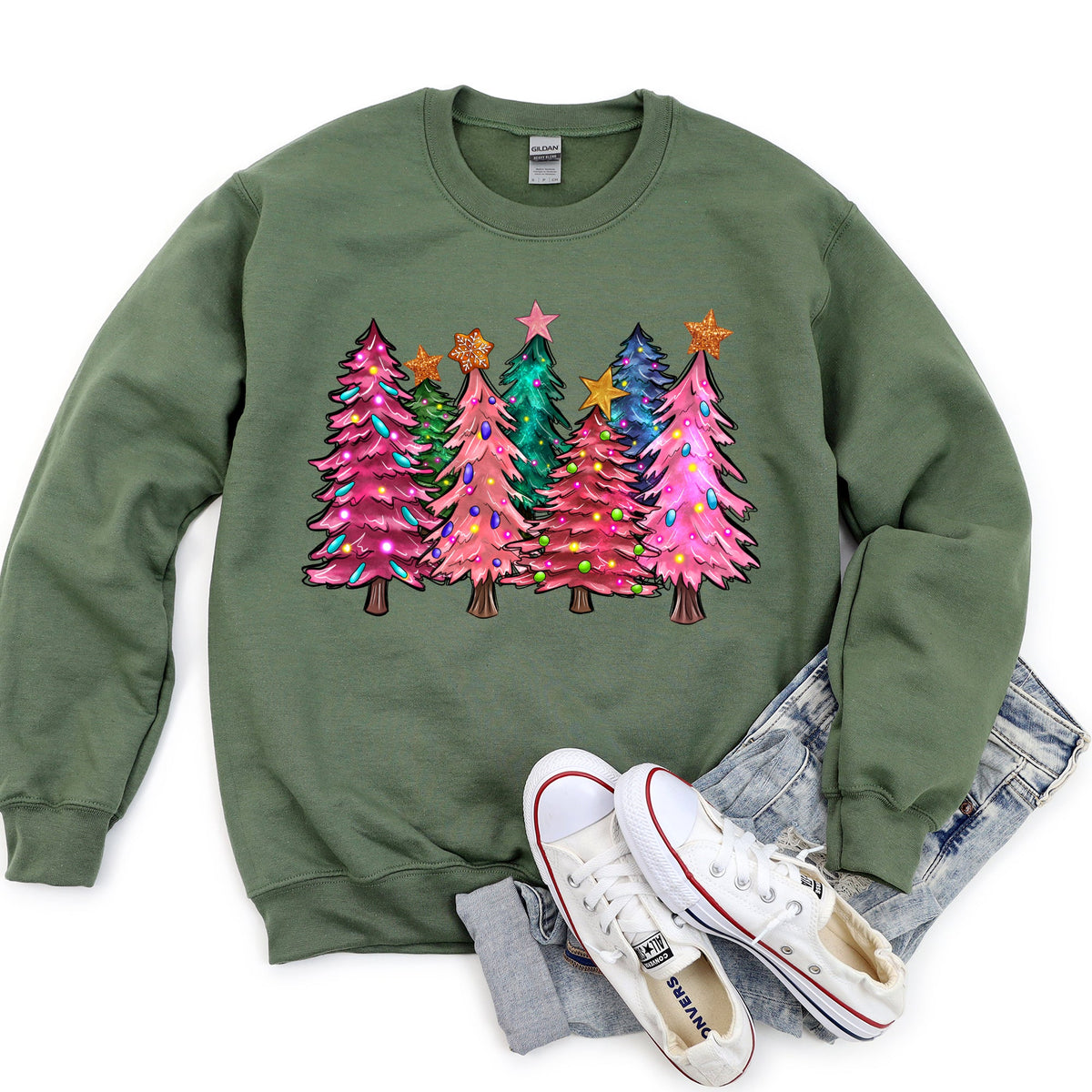 Bright Christmas Trees with Ornaments & Pinecones Festive Holiday Graphic Sweatshirt in 12 Colors S-2XL