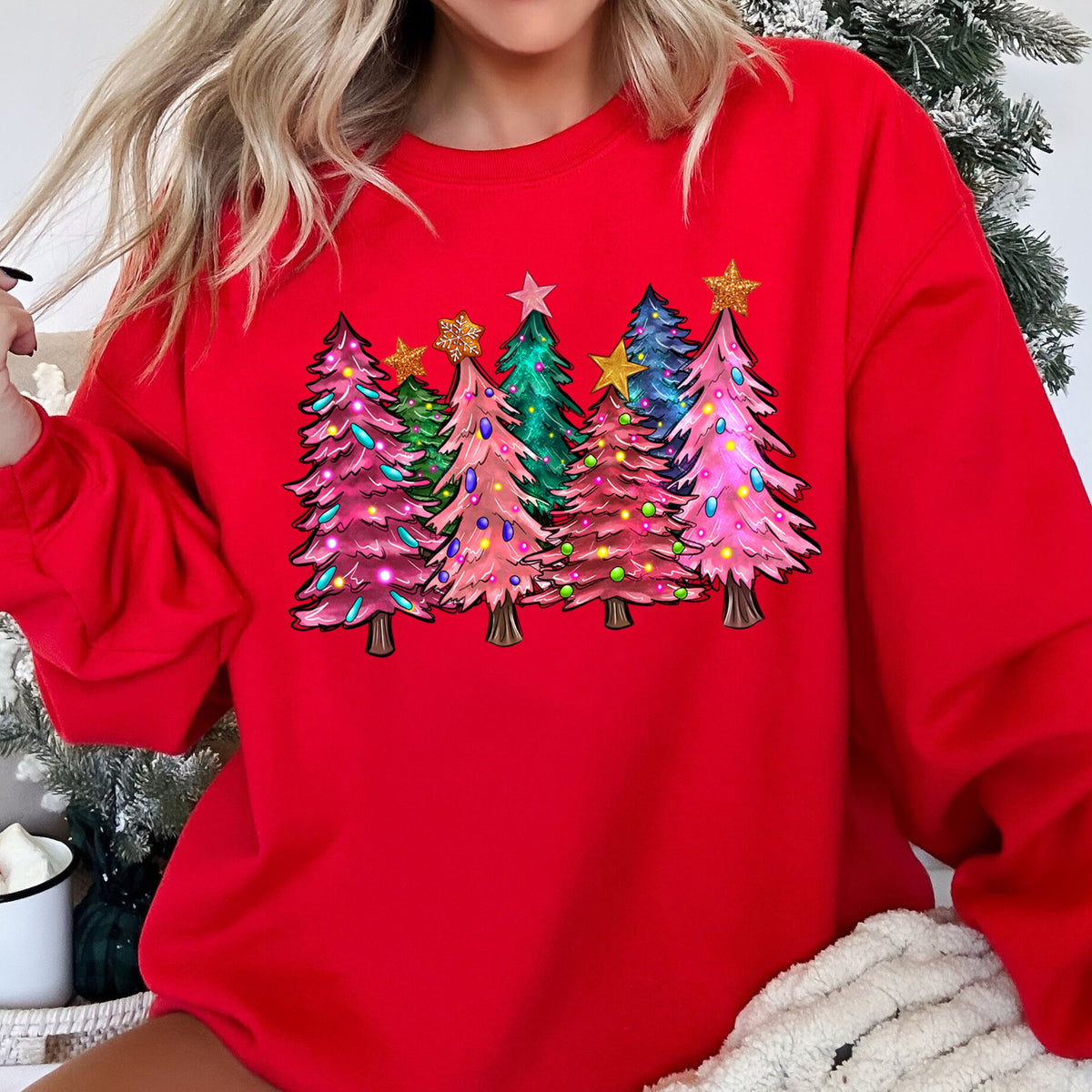 Bright Christmas Trees with Ornaments & Pinecones Festive Holiday Graphic Sweatshirt in 12 Colors S-2XL