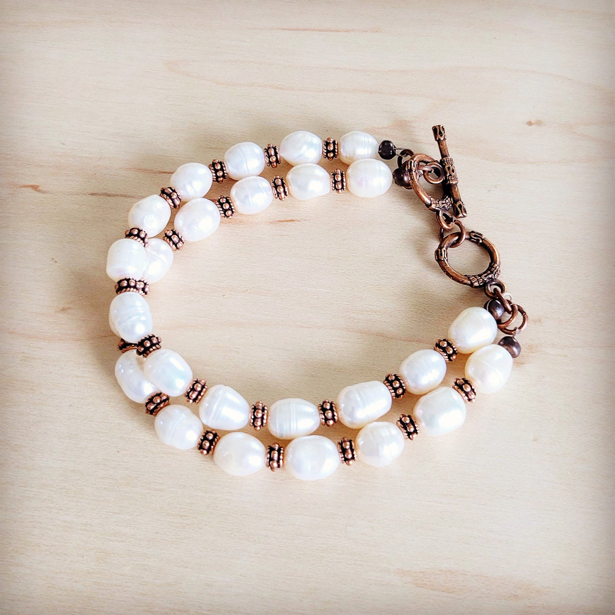 **Freshwater Pearl & Copper Boho Beaded Double Strand Bracelet 811y