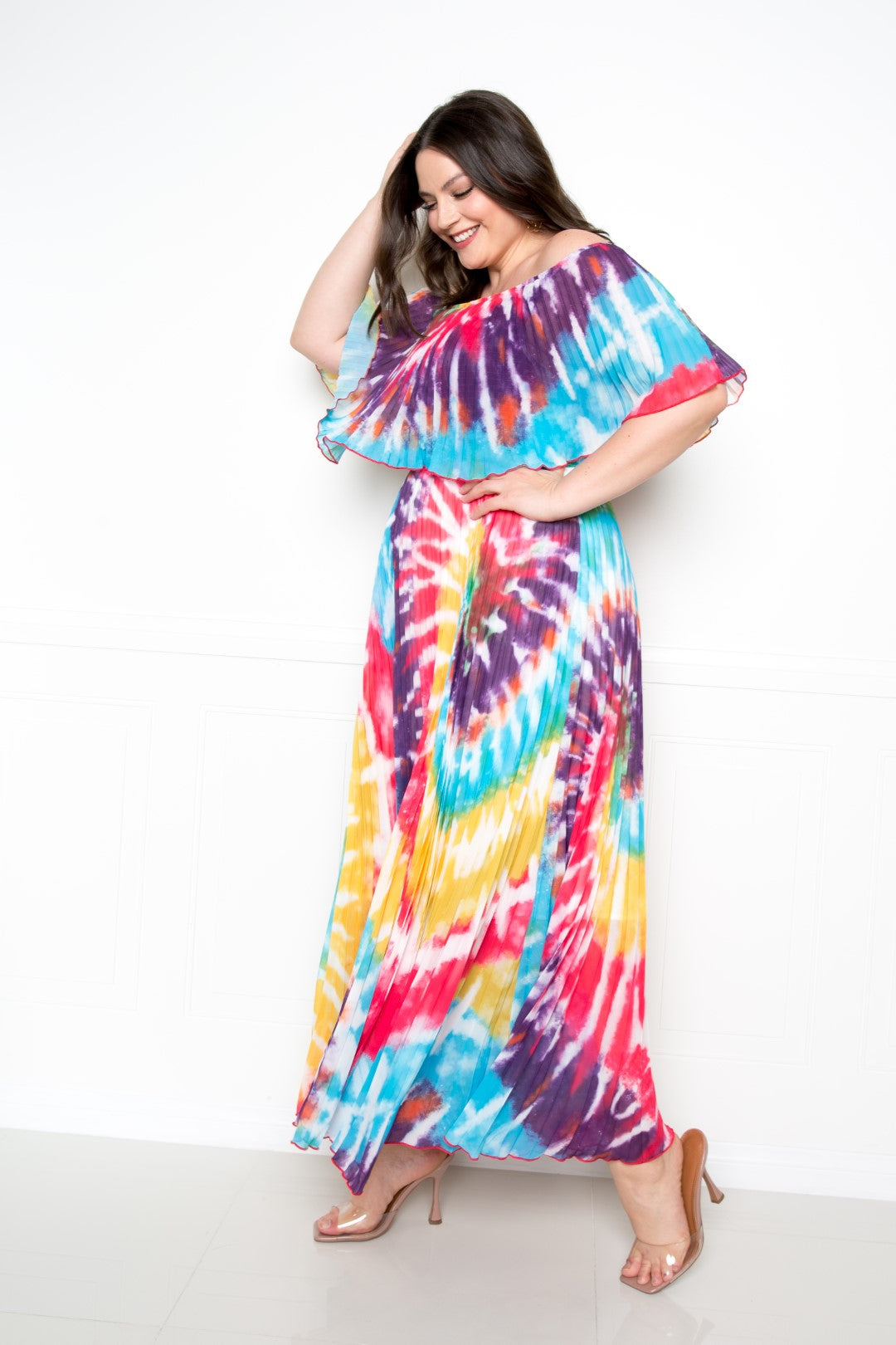Boho “Bowie V2” Rainbow Tie Dye Pleated Maxi Dress 1XL-2XL-3XL Plus Size