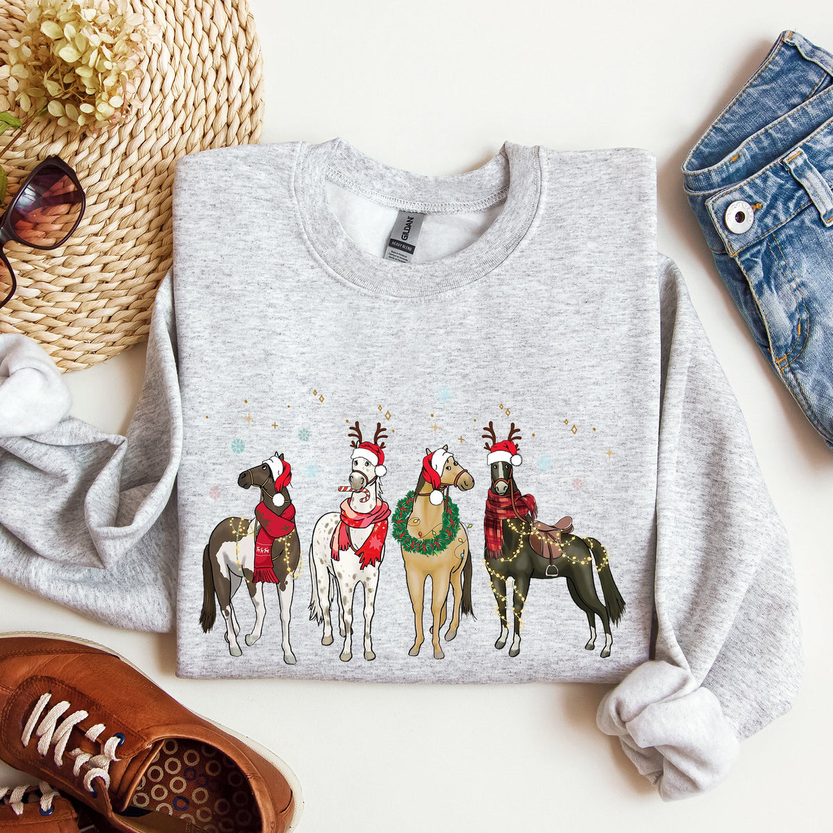 Christmas Horses Santa hats Holiday Sweatshirt for Horse Lovers in 11 Colors S-2XL