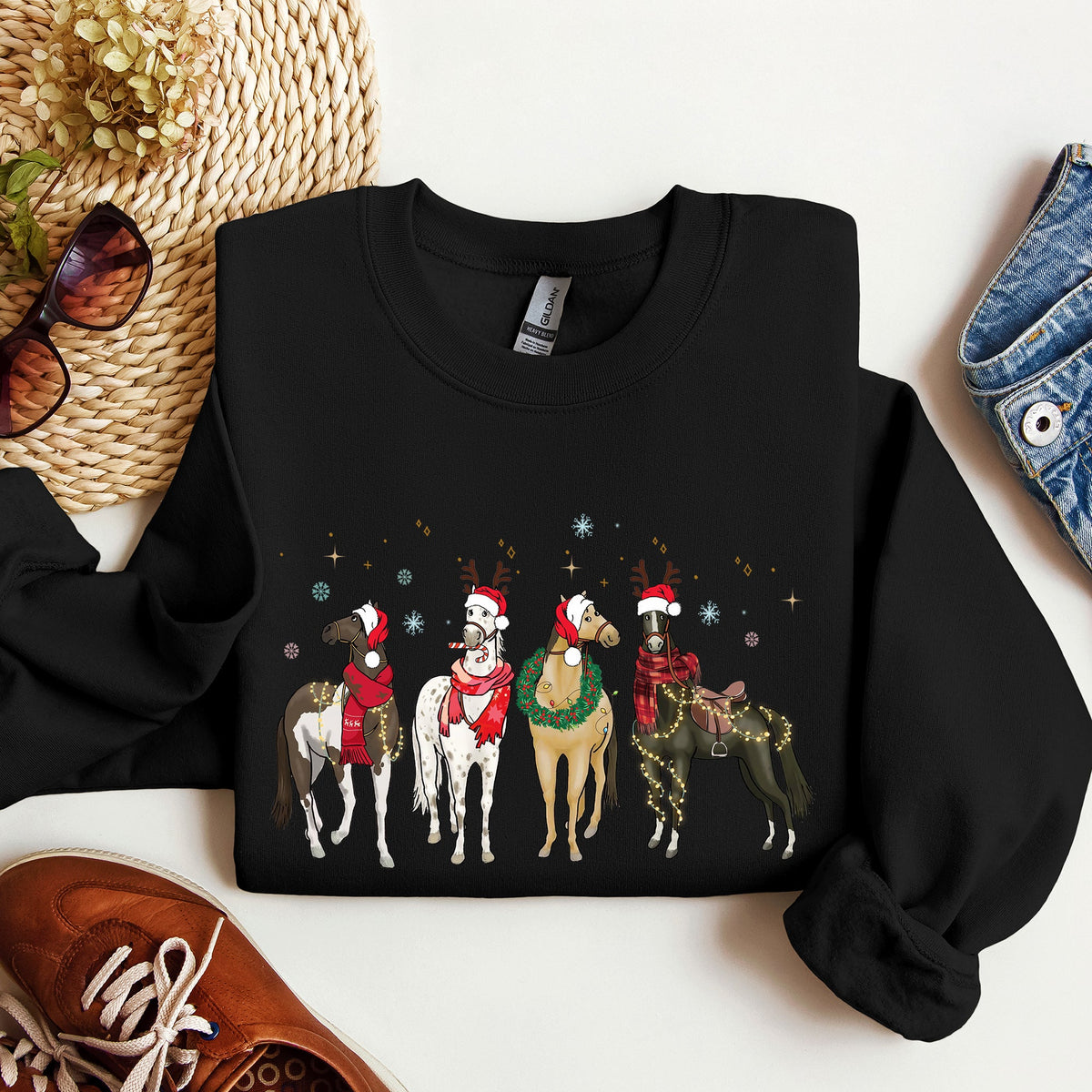 Christmas Horses Santa hats Holiday Sweatshirt for Horse Lovers in 11 Colors S-2XL