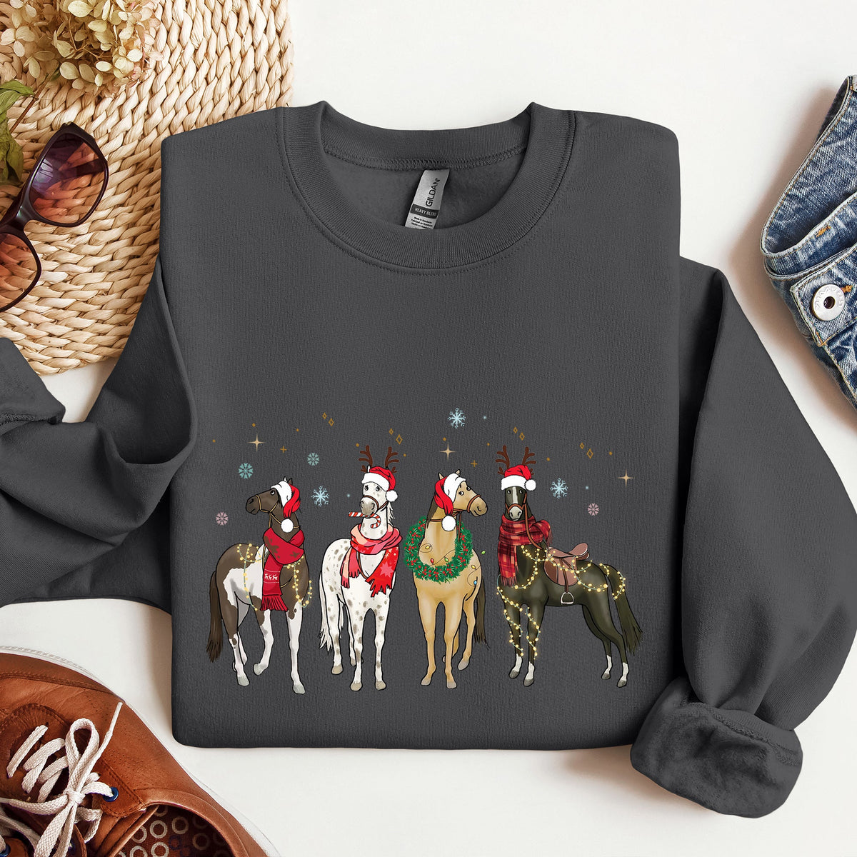 Christmas Horses Santa hats Holiday Sweatshirt for Horse Lovers in 11 Colors S-2XL