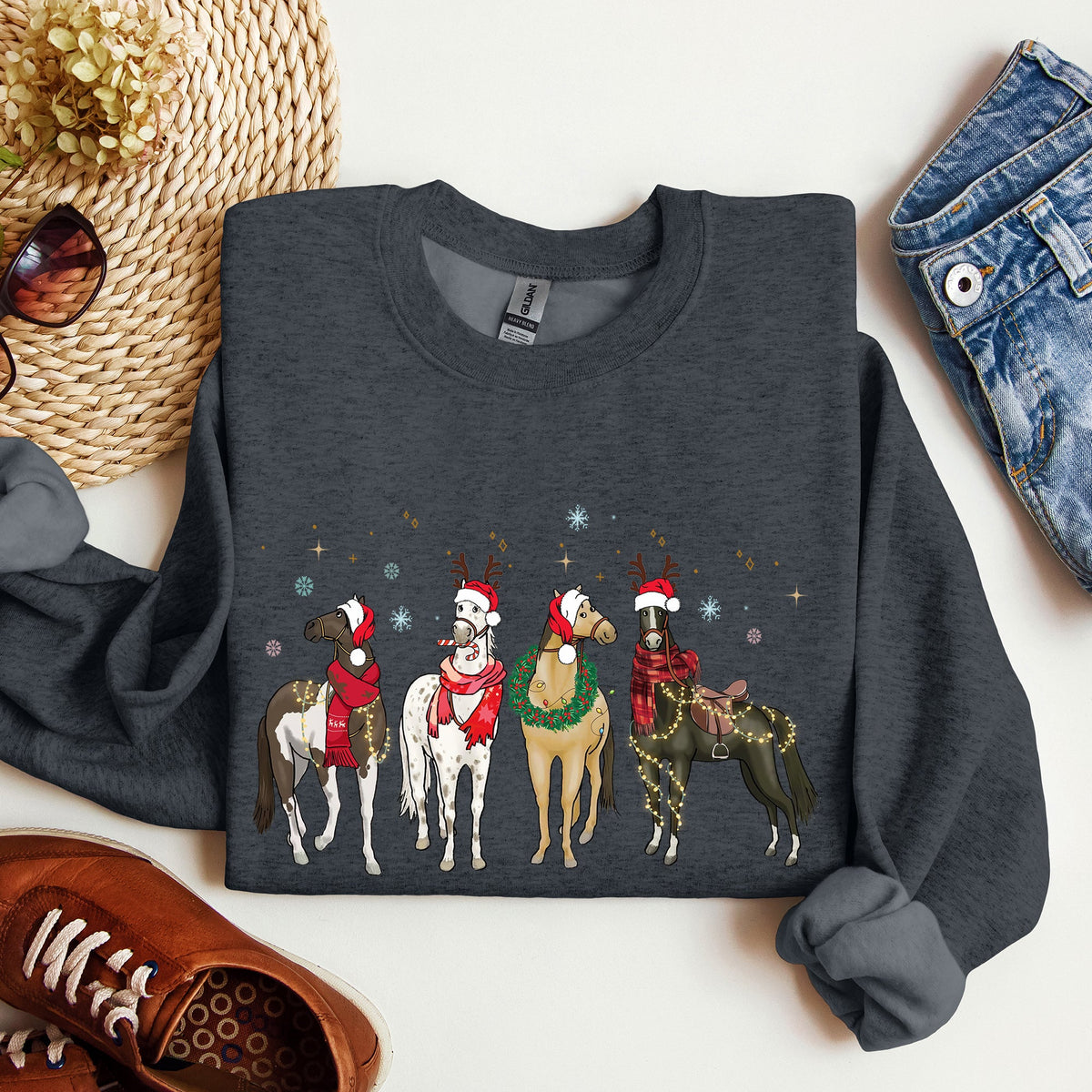 Christmas Horses Santa hats Holiday Sweatshirt for Horse Lovers in 11 Colors S-2XL