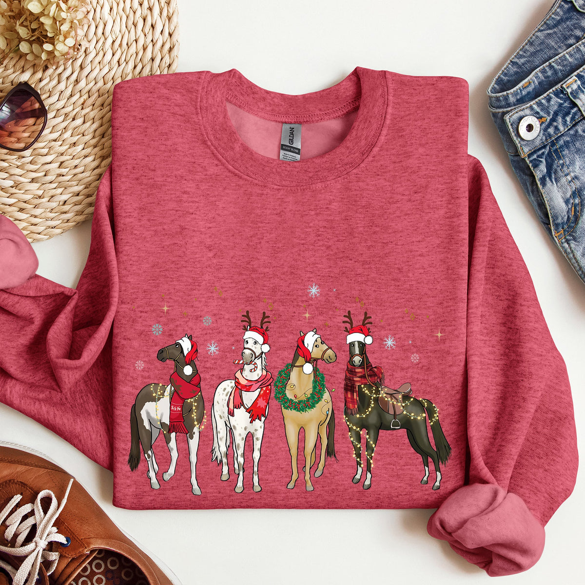 Christmas Horses Santa hats Holiday Sweatshirt for Horse Lovers in 11 Colors S-2XL