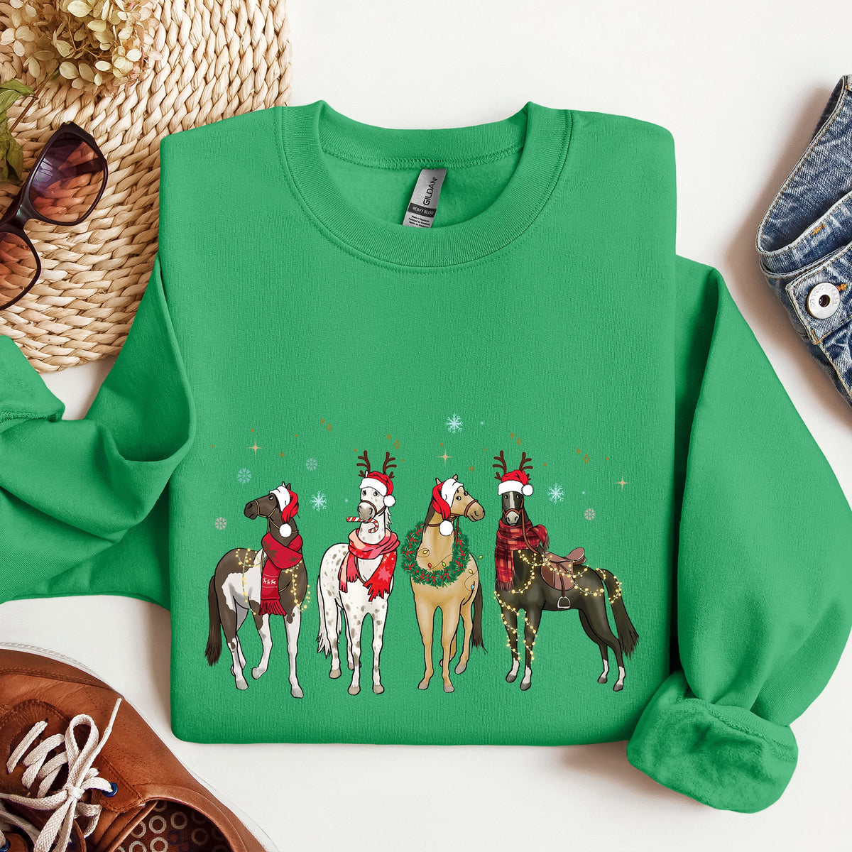 Christmas Horses Santa hats Holiday Sweatshirt for Horse Lovers in 11 Colors S-2XL