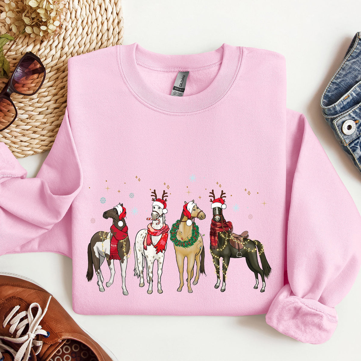 Christmas Horses Santa hats Holiday Sweatshirt for Horse Lovers in 11 Colors S-2XL